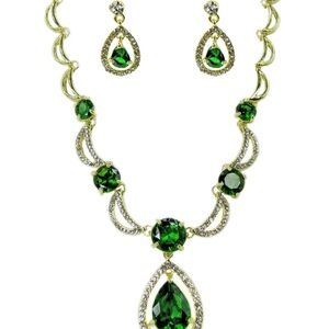 Green crystal necklace and earring set with teardrop and round  crystals